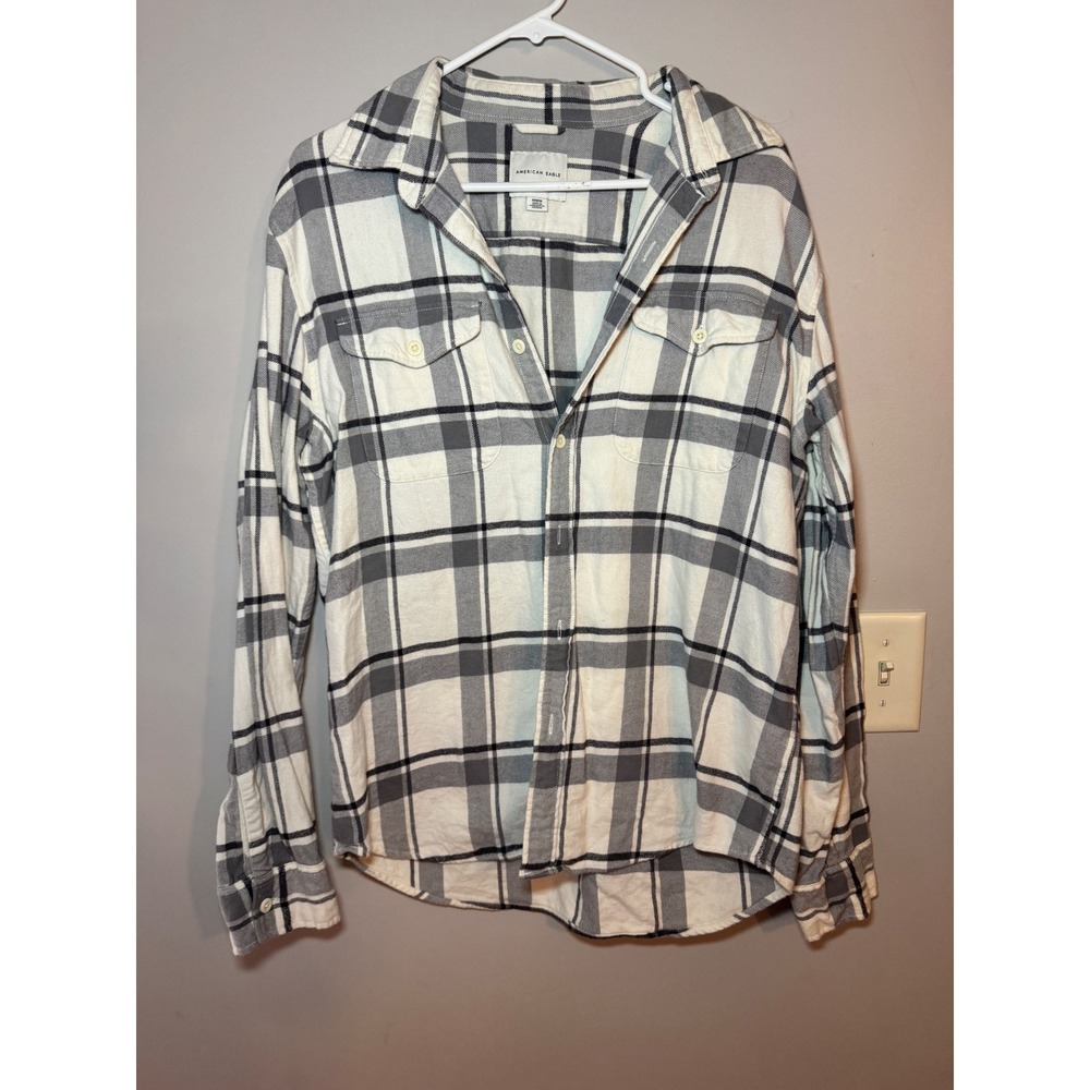 American Eagle Super Soft Plaid Flannel Shirt White Grey Mens Medium Long Sleeve